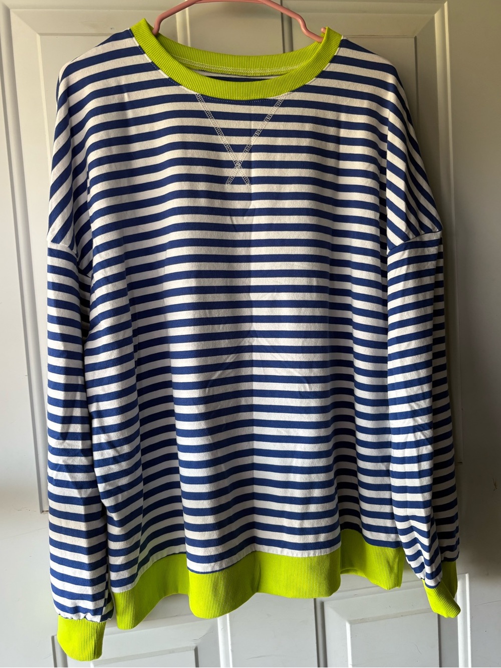 Women’s Blue & White Stripe Long Sleeve Top with Neon Green Trim